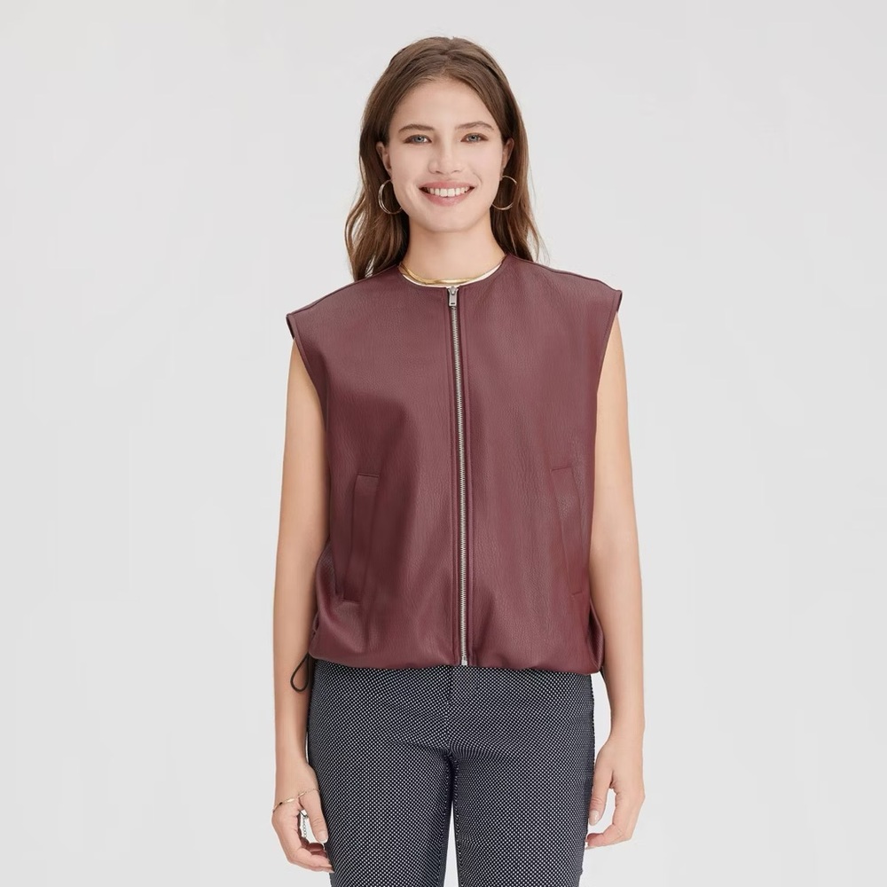 NWT 🔖 Women's Faux Leather Zip-Front Vest - Burgundy S